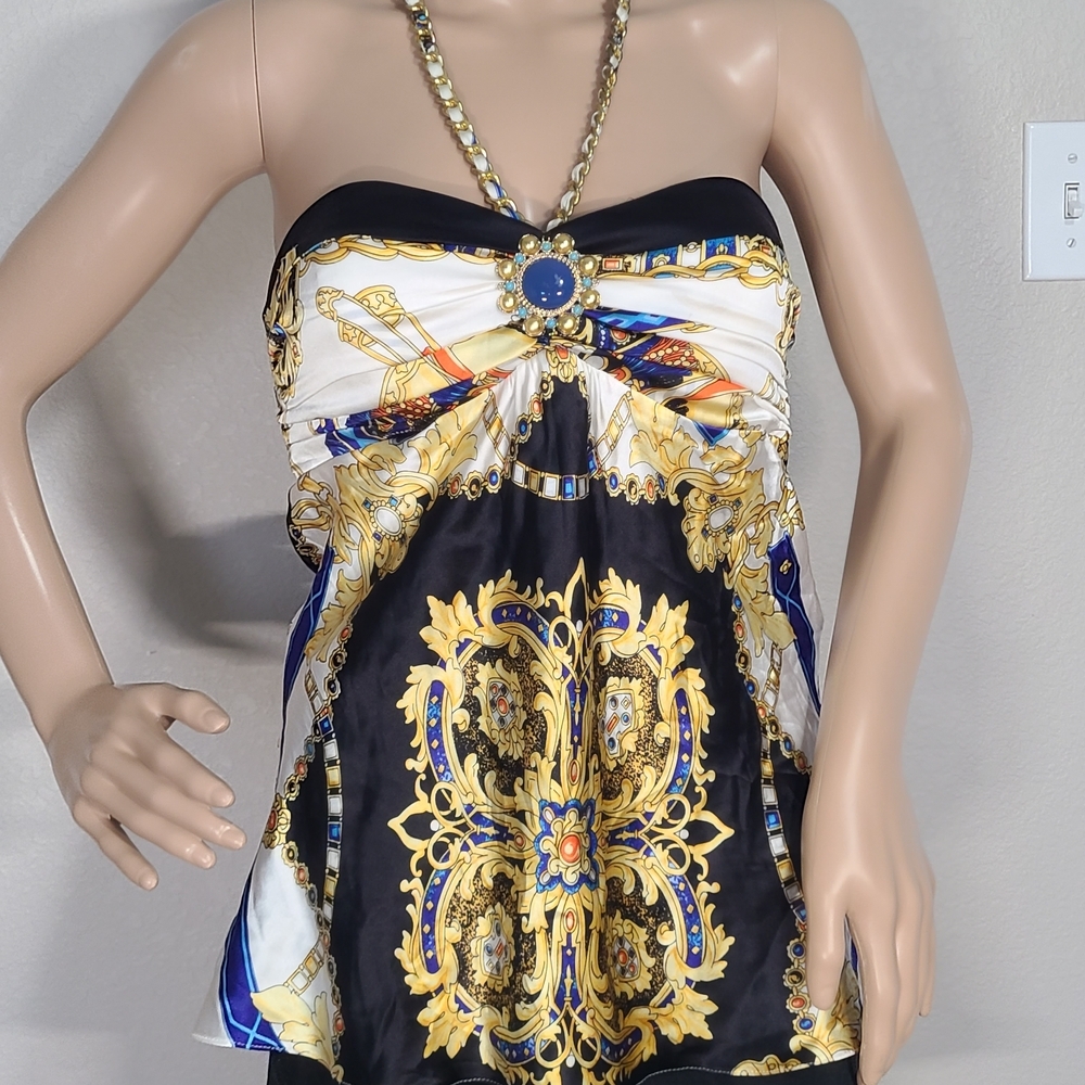 Cache Strapless Baroque-Print Satin Tank Top in Black, Gold, Blue, and White